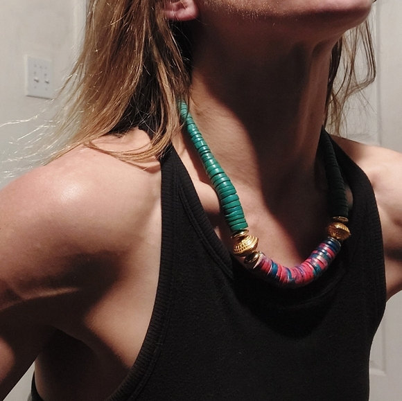 Vintage Jewelry - Vintage slinky beaded colorful wood rope necklace